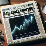 Generate a realistic high-definition image of a newspaper headline that reads 'Meta Stock Surges: The Unforeseen AI Revolution on the stock market' with a graph showing a sharp upward trend in the background.