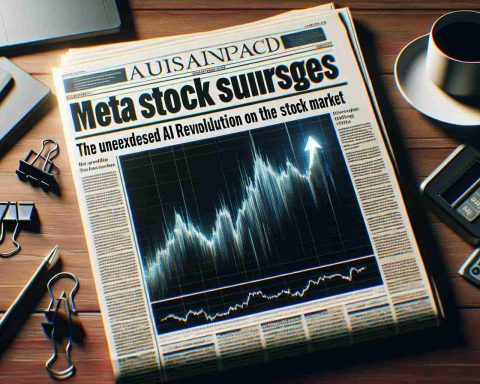 Generate a realistic high-definition image of a newspaper headline that reads 'Meta Stock Surges: The Unforeseen AI Revolution on the stock market' with a graph showing a sharp upward trend in the background.