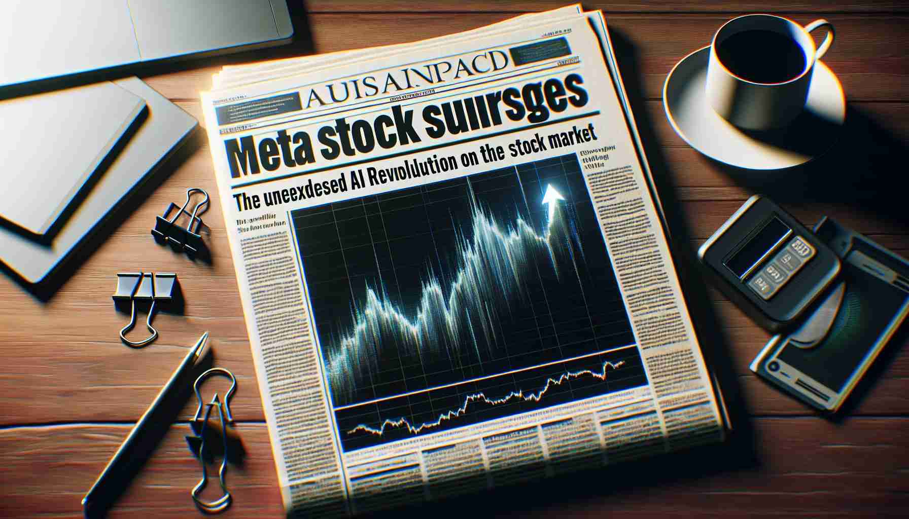 Generate a realistic high-definition image of a newspaper headline that reads 'Meta Stock Surges: The Unforeseen AI Revolution on the stock market' with a graph showing a sharp upward trend in the background.