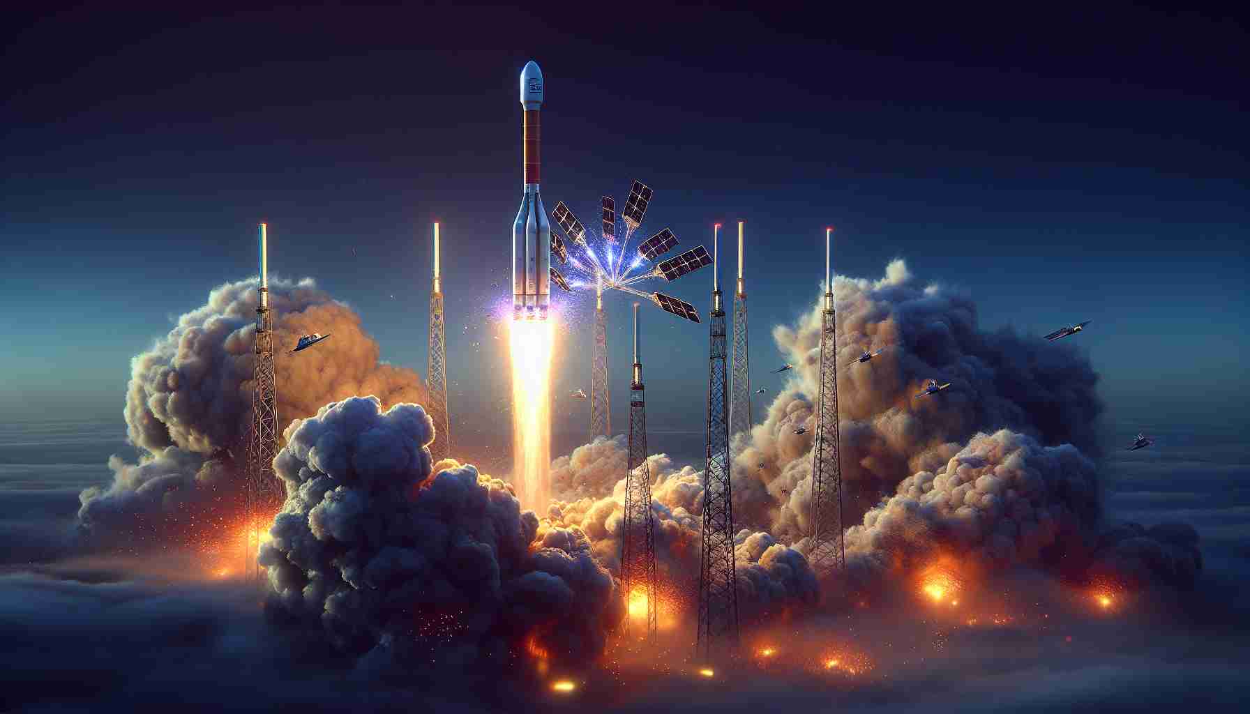 A hyperrealistic image in high-definition which portrays the launching of a space company's rocket. The rocket is soaring into the sky with a flurry of smoke and fire spurting out from its engines. It carries 23 new internet satellites that aim to augment global internet coverage. The satellite cluster is slightly visible, peeping from the rocket. The backdrop is set against a deep indigo sky, hinting the break of dawn. There's an aura of excitement and accomplishment permeating the scene, symbolizing humanity's continuous strive towards technological advancement.