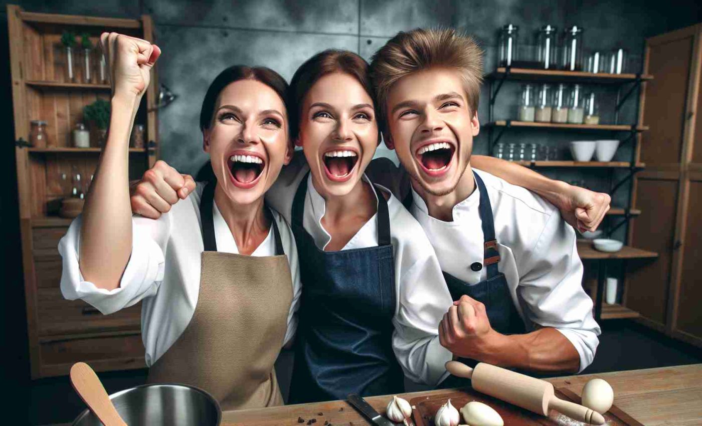 A captivating high-definition photo of a suspenseful culinary showdown: a victorious mother and son cooking team, showcasing their joy after achieving victory in the semi-finals of a major cooking contest. Their facial expressions reflect their combined sensations of relief and triumphant exhilaration.