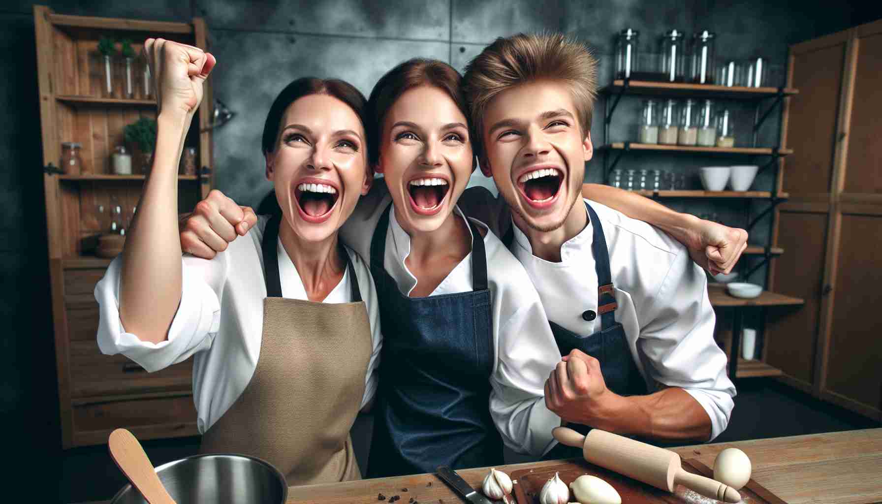 A captivating high-definition photo of a suspenseful culinary showdown: a victorious mother and son cooking team, showcasing their joy after achieving victory in the semi-finals of a major cooking contest. Their facial expressions reflect their combined sensations of relief and triumphant exhilaration.