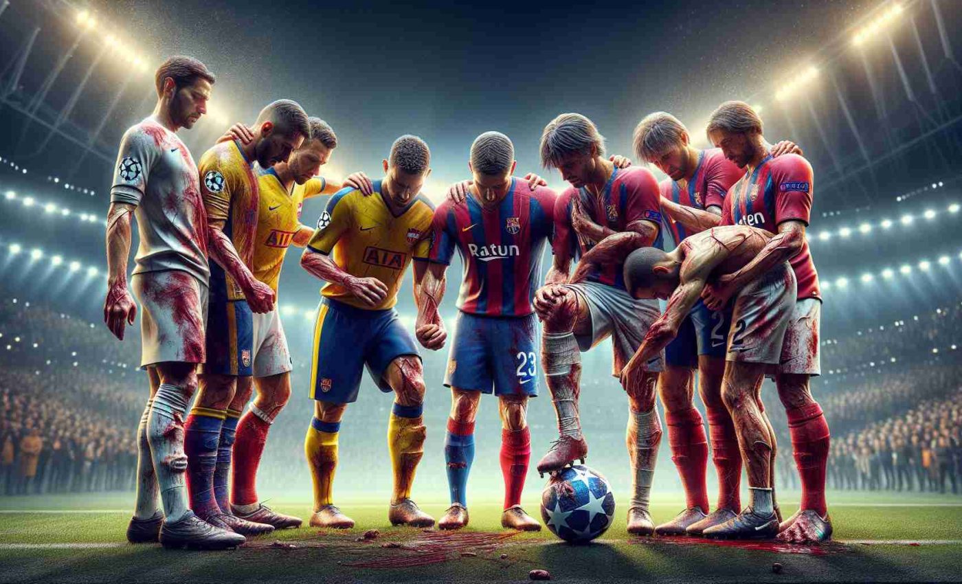 Witness a high resolution, vivid representation of an intense football showdown in the UEFA Champions League. The teams are battered and struggling through injuries but their determination eclipses their physical constraints. The scene is rife with tension and anticipation, punctuated by the flashing lights of the stadium and the eager roar of the crowd. The footballers, clad in their vibrant team kits, prepare for kickoff. See the pressure etched on their faces, the sheen of sweat beneath the stadium lights, the ball at their feet. This is football at its most raw and impassioned.