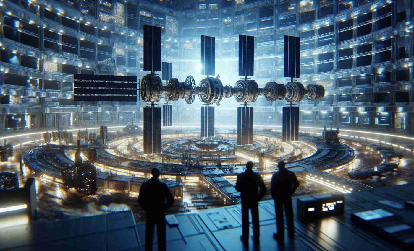 Generate a high-definition, realistic image of a space station, conveying a sense of troubled operation. This space station is influenced by modern space technology as seen in NASA's designs. Show investors inspecting the station, perhaps demonstrating their interest in potential investment opportunities.