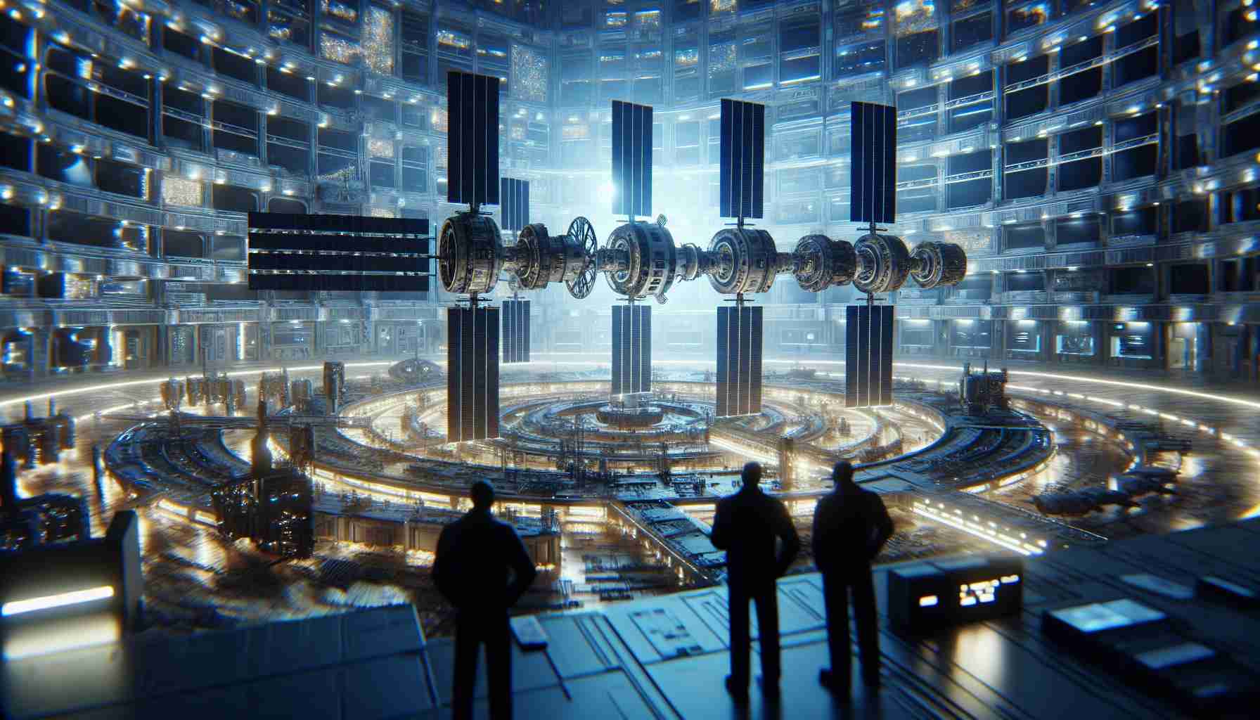 Generate a high-definition, realistic image of a space station, conveying a sense of troubled operation. This space station is influenced by modern space technology as seen in NASA's designs. Show investors inspecting the station, perhaps demonstrating their interest in potential investment opportunities.