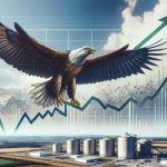 Imaginative representation of waste management stocks soaring in 2024. Visualize a large, robust eagle with wings spread wide, soaring high in the sky. The eagle is symbolic of the waste management stocks. Beneath, depict a landscape with modern waste management facilities functioning efficiently. Throw in a stock market chart overlay with a strong upward trend, indicating a prosperous year in 2024 for these stocks.