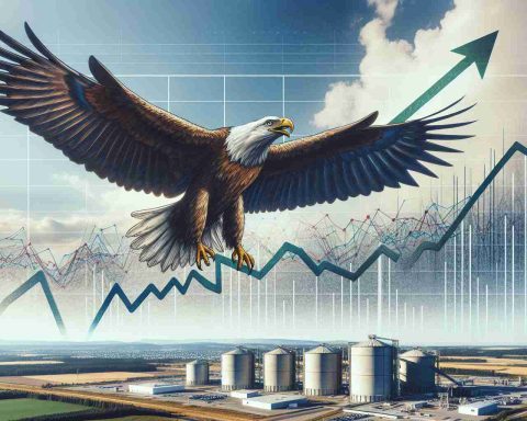 Imaginative representation of waste management stocks soaring in 2024. Visualize a large, robust eagle with wings spread wide, soaring high in the sky. The eagle is symbolic of the waste management stocks. Beneath, depict a landscape with modern waste management facilities functioning efficiently. Throw in a stock market chart overlay with a strong upward trend, indicating a prosperous year in 2024 for these stocks.