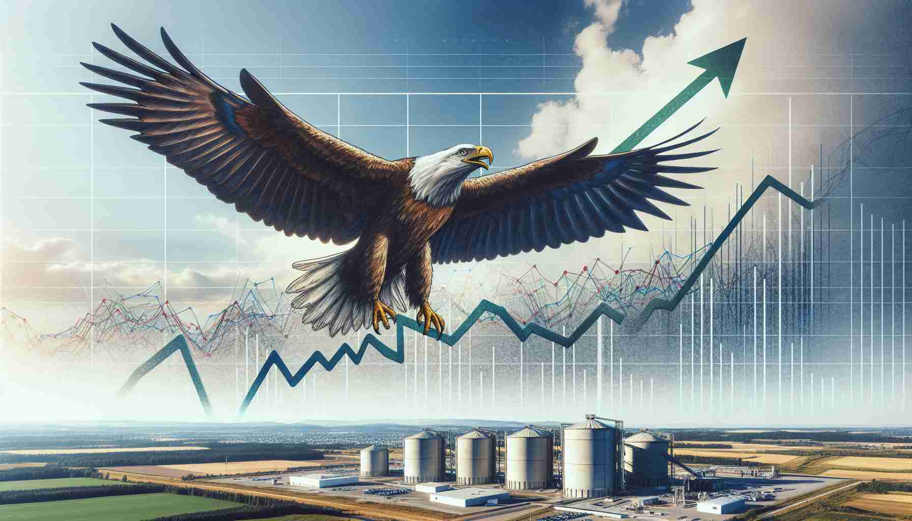 Imaginative representation of waste management stocks soaring in 2024. Visualize a large, robust eagle with wings spread wide, soaring high in the sky. The eagle is symbolic of the waste management stocks. Beneath, depict a landscape with modern waste management facilities functioning efficiently. Throw in a stock market chart overlay with a strong upward trend, indicating a prosperous year in 2024 for these stocks.