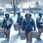 Detailed and realistic image of canvassers working under challenging conditions in a generic political campaign in Michigan. Show them bundled up against the cold, walking door-to-door under a cloudy sky, carrying stacks of flyers. Their expressions should convey determination despite facing a strong wind and snow. A backdrop of residential houses and leafless trees complete the scene. Remember, no specific political parties or figures should be represented.