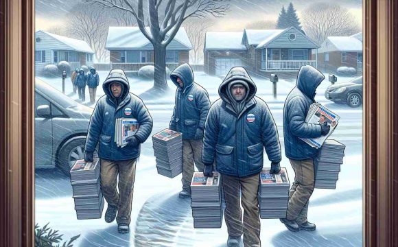 Detailed and realistic image of canvassers working under challenging conditions in a generic political campaign in Michigan. Show them bundled up against the cold, walking door-to-door under a cloudy sky, carrying stacks of flyers. Their expressions should convey determination despite facing a strong wind and snow. A backdrop of residential houses and leafless trees complete the scene. Remember, no specific political parties or figures should be represented.