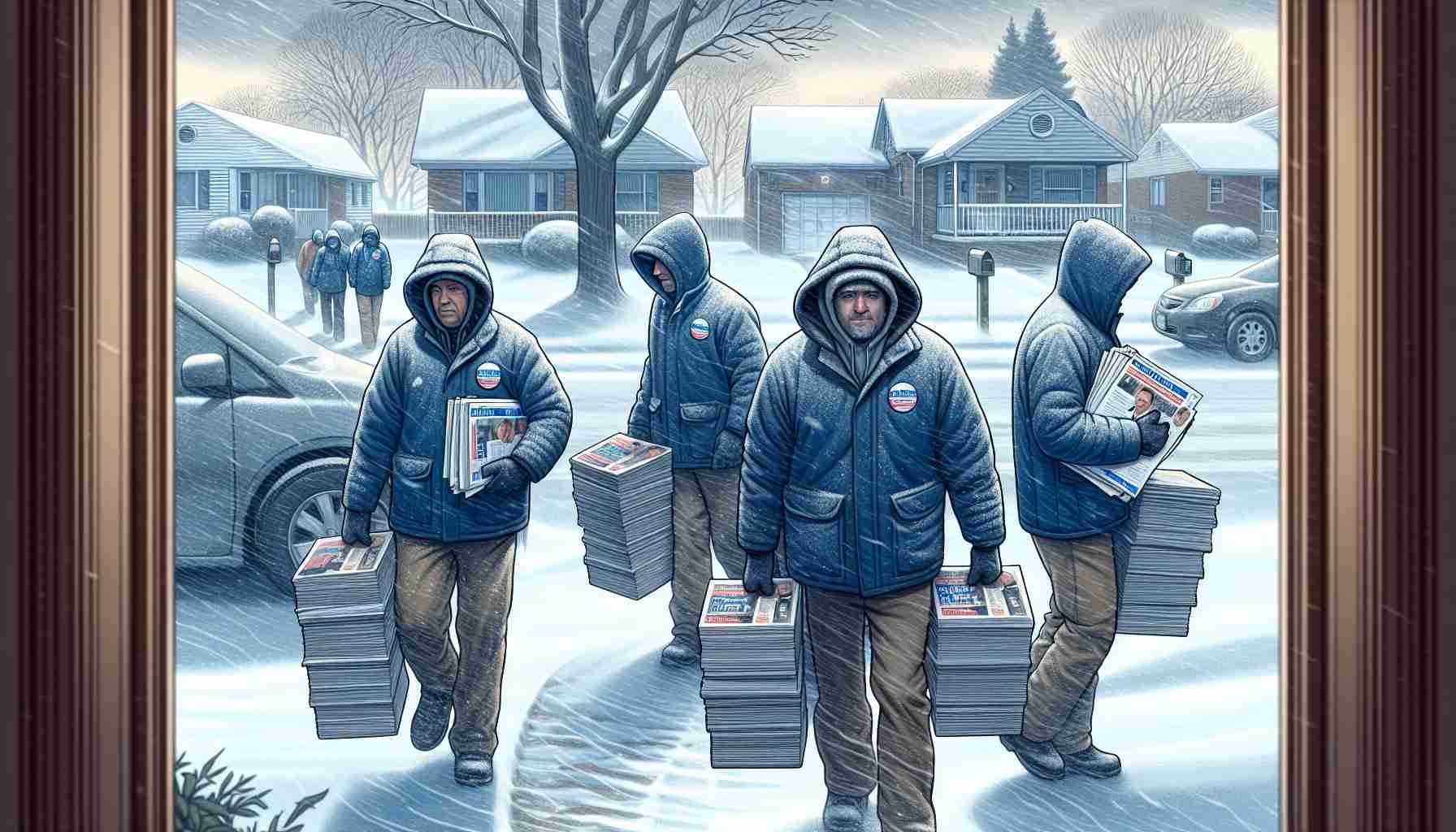 Detailed and realistic image of canvassers working under challenging conditions in a generic political campaign in Michigan. Show them bundled up against the cold, walking door-to-door under a cloudy sky, carrying stacks of flyers. Their expressions should convey determination despite facing a strong wind and snow. A backdrop of residential houses and leafless trees complete the scene. Remember, no specific political parties or figures should be represented.