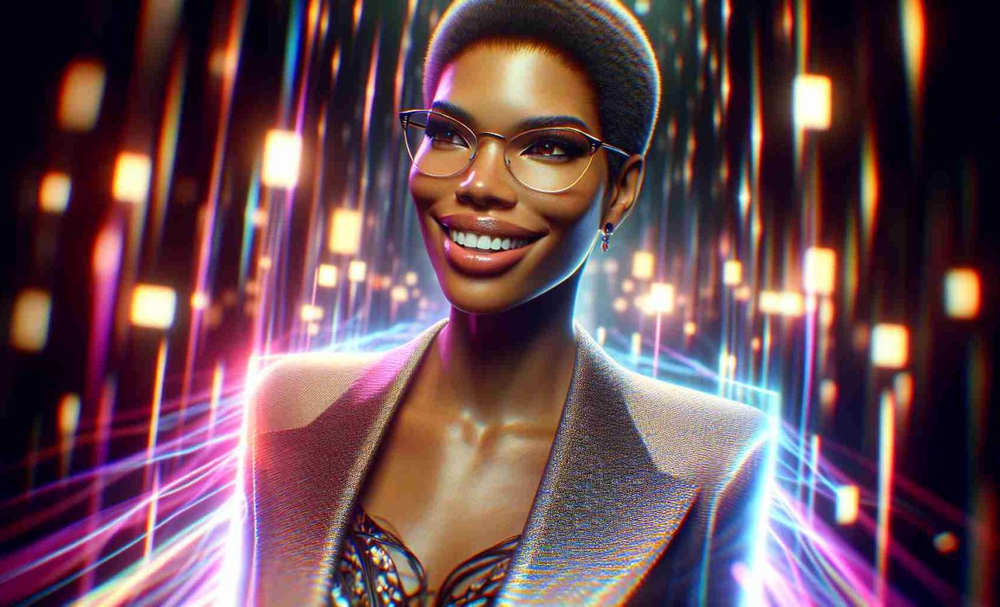 A realistic HD image of a short-haired African-American woman entering a virtual realm. The woman is radiant with a wide grin on her face and dons a stylish outfit, exuding the aura of a Hollywood star. Bright, colorful lights from the virtual realm reflect off her stylish glasses, creating a mesmerizing color gradient. The scene is bursting with excitement and anticipation as the visualization of the launch of a new AI collaboration is portrayed.