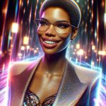 A realistic HD image of a short-haired African-American woman entering a virtual realm. The woman is radiant with a wide grin on her face and dons a stylish outfit, exuding the aura of a Hollywood star. Bright, colorful lights from the virtual realm reflect off her stylish glasses, creating a mesmerizing color gradient. The scene is bursting with excitement and anticipation as the visualization of the launch of a new AI collaboration is portrayed.