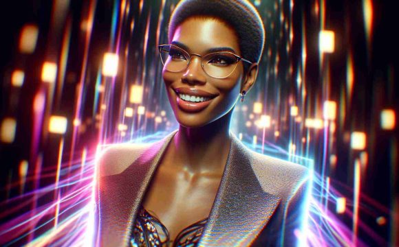 A realistic HD image of a short-haired African-American woman entering a virtual realm. The woman is radiant with a wide grin on her face and dons a stylish outfit, exuding the aura of a Hollywood star. Bright, colorful lights from the virtual realm reflect off her stylish glasses, creating a mesmerizing color gradient. The scene is bursting with excitement and anticipation as the visualization of the launch of a new AI collaboration is portrayed.