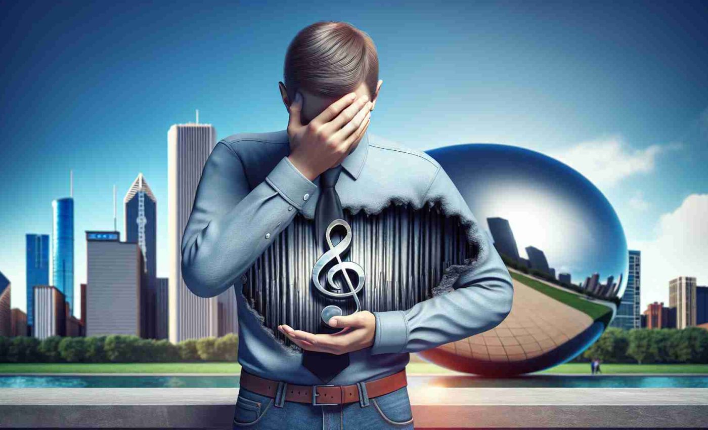 A realistic high-definition image that symbolically represents the concept of a music producer admitting his mistakes with a particular band's production. Indicate the band through a show of the city symbol of Chicago, such as the iconic skyline or 'The Bean' sculpture. No specific person should be portrayed in this image.