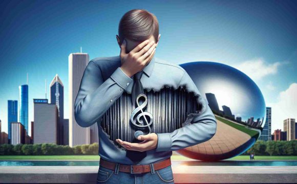 A realistic high-definition image that symbolically represents the concept of a music producer admitting his mistakes with a particular band's production. Indicate the band through a show of the city symbol of Chicago, such as the iconic skyline or 'The Bean' sculpture. No specific person should be portrayed in this image.