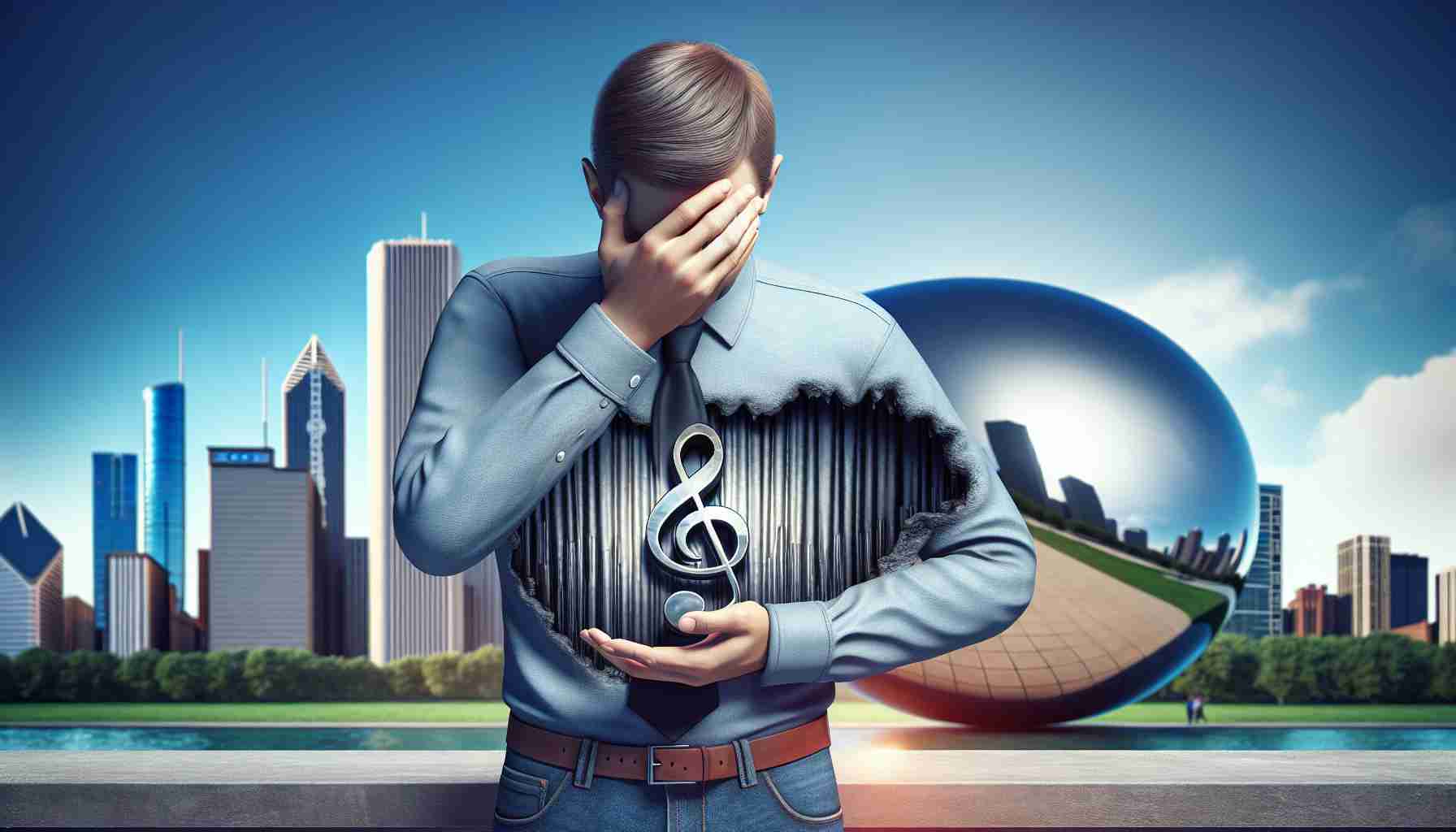 A realistic high-definition image that symbolically represents the concept of a music producer admitting his mistakes with a particular band's production. Indicate the band through a show of the city symbol of Chicago, such as the iconic skyline or 'The Bean' sculpture. No specific person should be portrayed in this image.