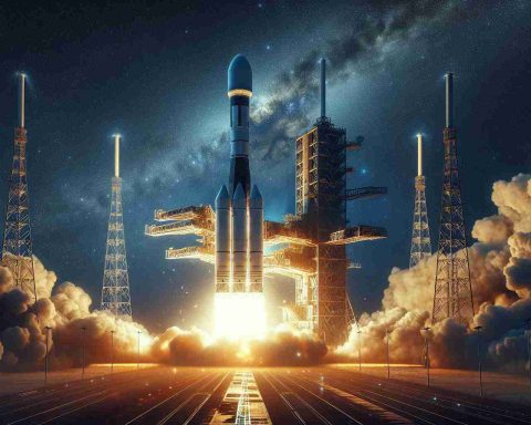 Create a realistic, high-definition image of an iconic event in the field of space exploration: The launch of a generic space-satellite. The image should capture the excitement and anticipation of the moment, with the satellite poised for launch and the night sky illuminated by the intense glow of the launch platform. Note: The satellite is based on modern designs, similar to the ones from a big Eastern European country.