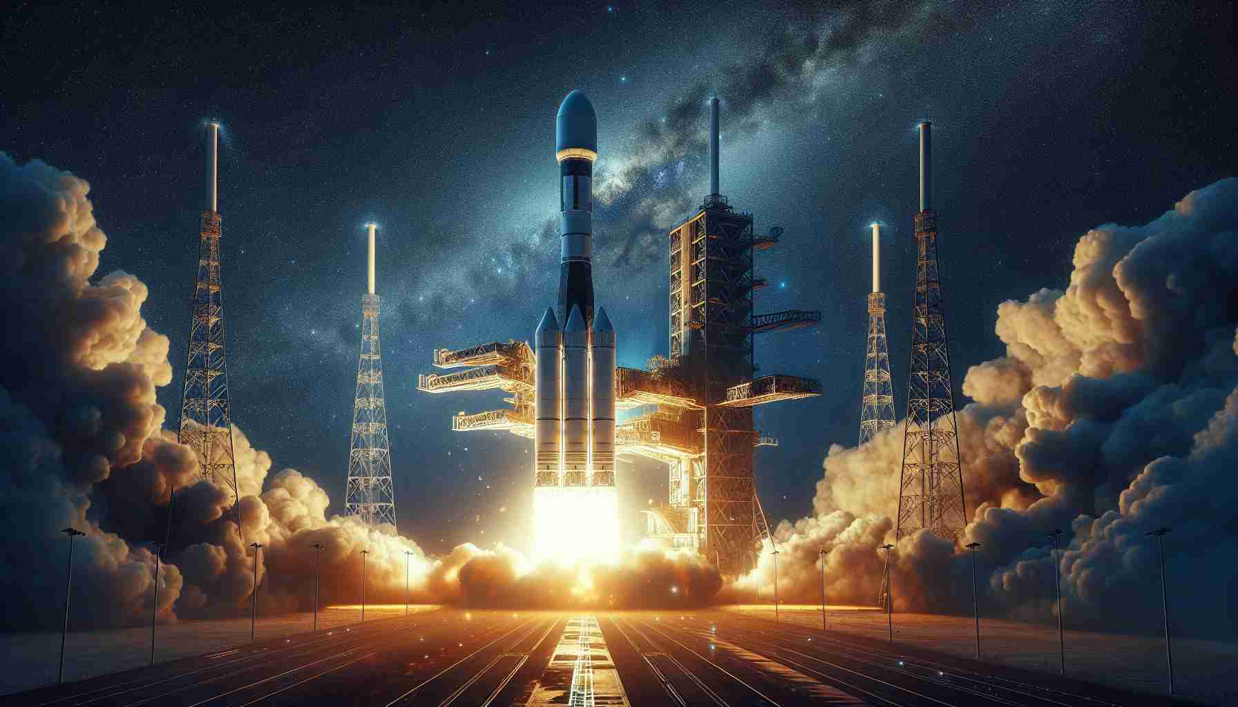 Create a realistic, high-definition image of an iconic event in the field of space exploration: The launch of a generic space-satellite. The image should capture the excitement and anticipation of the moment, with the satellite poised for launch and the night sky illuminated by the intense glow of the launch platform. Note: The satellite is based on modern designs, similar to the ones from a big Eastern European country.