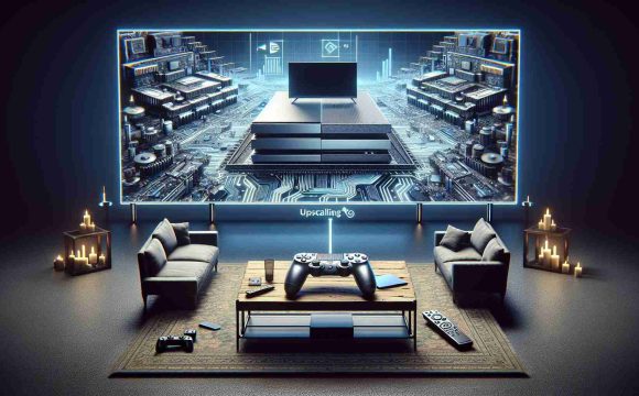 A detailed, high-definition image showcasing a revolutionary advancement in gaming technology where a hypothetical gaming console's upscaling technology is the main highlight. The scene includes a modern gaming console, symbolic of innovation, displaying high-quality graphics on a large flat-screen TV, indicative of the upscaling technology. The design doesn't depict any real-world gaming console specifically, but aims to capture the overall advancement in the gaming industry.