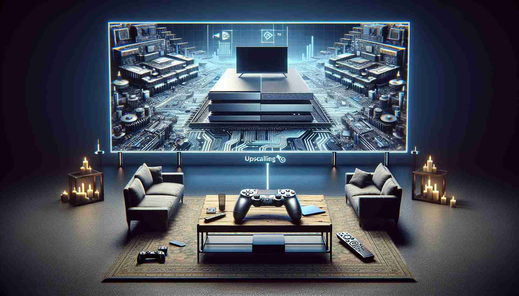 A detailed, high-definition image showcasing a revolutionary advancement in gaming technology where a hypothetical gaming console's upscaling technology is the main highlight. The scene includes a modern gaming console, symbolic of innovation, displaying high-quality graphics on a large flat-screen TV, indicative of the upscaling technology. The design doesn't depict any real-world gaming console specifically, but aims to capture the overall advancement in the gaming industry.