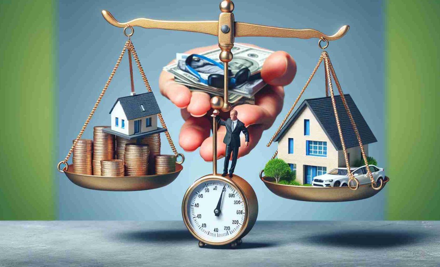 Create a realistic high-definition conceptual image representing the question 'What would you sacrifice for the perfect home?' The image can include multiple visual metaphors such as a person balancing a model house on one hand while the other hand is weighed down by a scale with symbols of time, travel, family, and money.