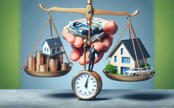 Create a realistic high-definition conceptual image representing the question 'What would you sacrifice for the perfect home?' The image can include multiple visual metaphors such as a person balancing a model house on one hand while the other hand is weighed down by a scale with symbols of time, travel, family, and money.