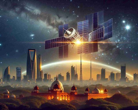 A high-definition, realistic photograph of a SpaceX Starlink satellite setup that is about to revolutionize the internet landscape in India. The scene displays the satellite against the backdrop of India's skyline, representing the upcoming change. The sky is filled with stars illuminating the scene, and the satellite is catching the reflection of the sun, signifying its link with the outer space.