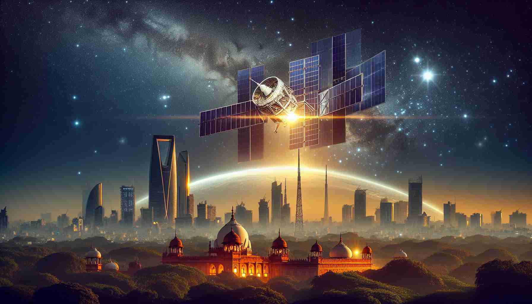 A high-definition, realistic photograph of a SpaceX Starlink satellite setup that is about to revolutionize the internet landscape in India. The scene displays the satellite against the backdrop of India's skyline, representing the upcoming change. The sky is filled with stars illuminating the scene, and the satellite is catching the reflection of the sun, signifying its link with the outer space.