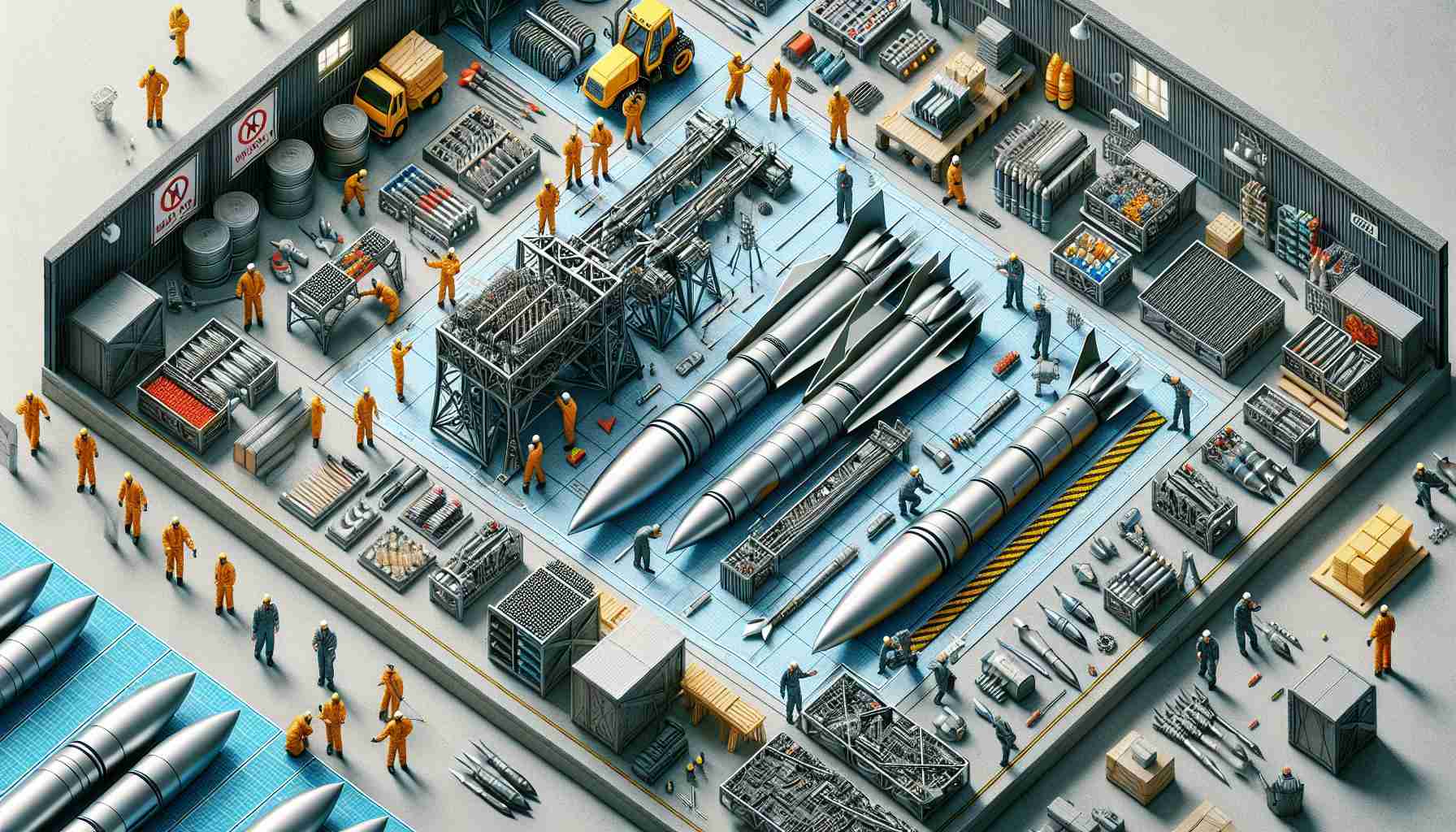 Craft a high-definition, realistic image of a manufacturing facility where they are building nondescript missiles. An outdoor setting is preferred with respected personnel in safety gear overseeing the process, and the environment should be filled with elements typical of a rocket assembly line. Objects such as metallic missile parts, electronic components, technical instruments and safety signs should be included to imply a high-tech, advanced missile manufacturing operation.