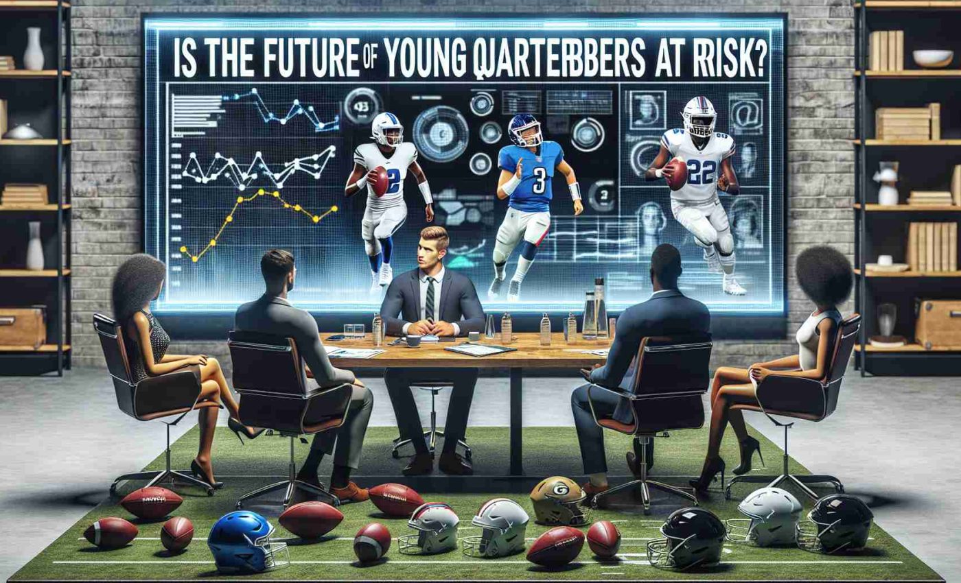 Realistic HD image representing 'Is the Future of Young Quarterbacks at Risk?' concept. Maybe represents a panel of diverse experts (such as a Hispanic woman, a South Asian man, and a Black woman) in a round-table discussion, with analytic charts of various quarterbacks' performances on a digital screen behind them, while various football gear laid out in front to symbolize the topic at hand. Emphasize the atmosphere of serious discussion and focus.