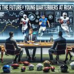 Realistic HD image representing 'Is the Future of Young Quarterbacks at Risk?' concept. Maybe represents a panel of diverse experts (such as a Hispanic woman, a South Asian man, and a Black woman) in a round-table discussion, with analytic charts of various quarterbacks' performances on a digital screen behind them, while various football gear laid out in front to symbolize the topic at hand. Emphasize the atmosphere of serious discussion and focus.