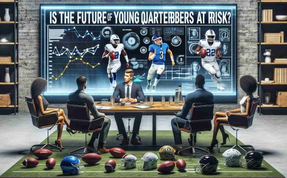 Realistic HD image representing 'Is the Future of Young Quarterbacks at Risk?' concept. Maybe represents a panel of diverse experts (such as a Hispanic woman, a South Asian man, and a Black woman) in a round-table discussion, with analytic charts of various quarterbacks' performances on a digital screen behind them, while various football gear laid out in front to symbolize the topic at hand. Emphasize the atmosphere of serious discussion and focus.