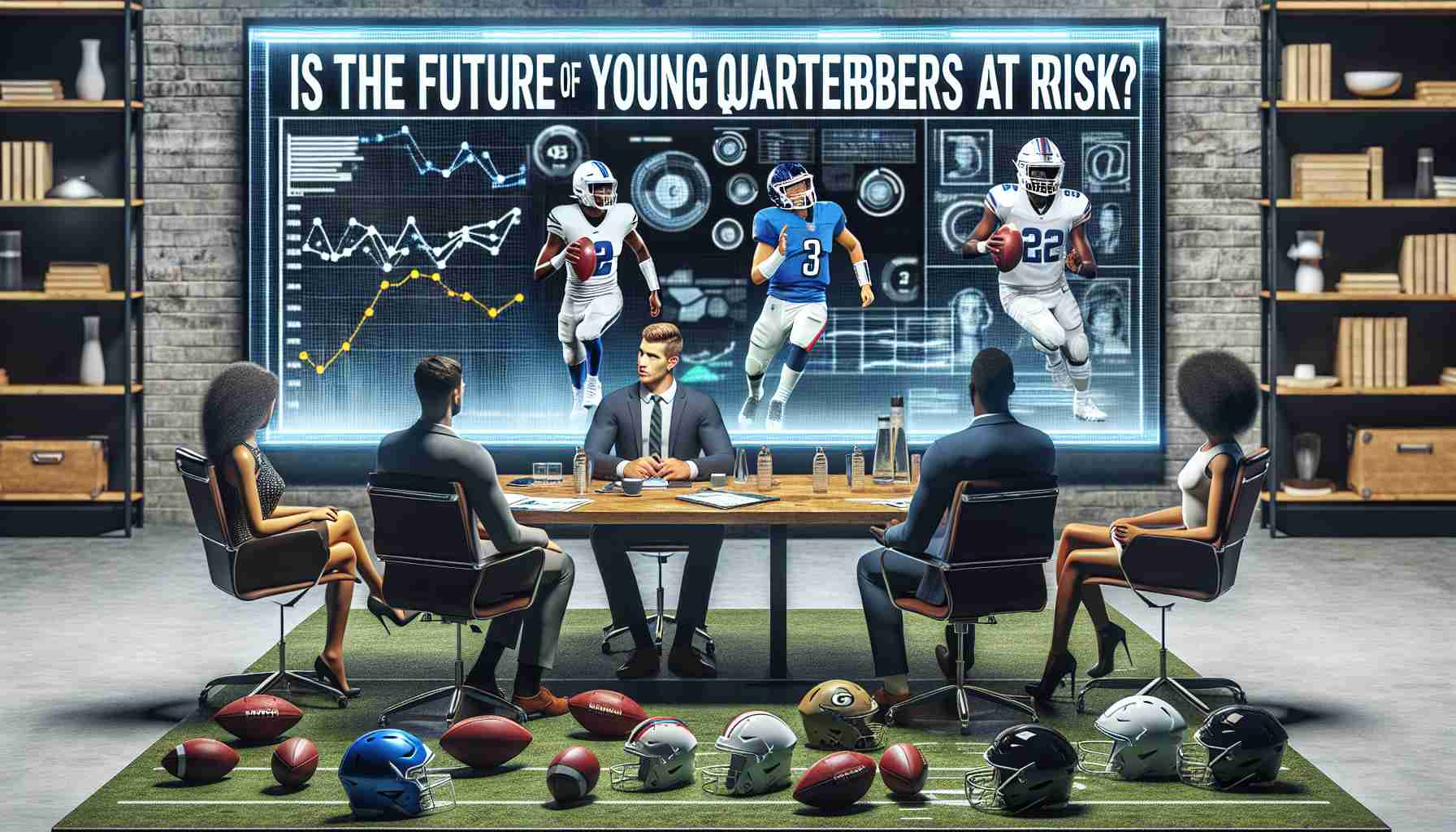 Realistic HD image representing 'Is the Future of Young Quarterbacks at Risk?' concept. Maybe represents a panel of diverse experts (such as a Hispanic woman, a South Asian man, and a Black woman) in a round-table discussion, with analytic charts of various quarterbacks' performances on a digital screen behind them, while various football gear laid out in front to symbolize the topic at hand. Emphasize the atmosphere of serious discussion and focus.