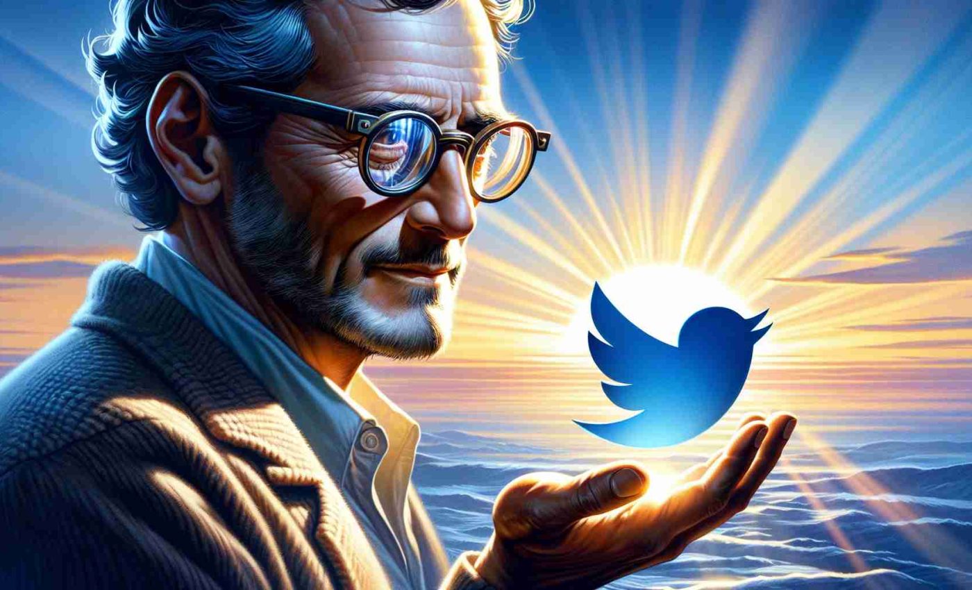 A realistic high-definition image depicting a renowned author, recognizable for his glasses and distinct hairstyle, bidding farewell to a social media platform represented by a blue bird symbol. The background reflects the theme 'A Shift Towards New Horizons' with a sunrise illuminating a new, untrodden path.