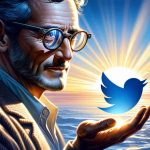 A realistic high-definition image depicting a renowned author, recognizable for his glasses and distinct hairstyle, bidding farewell to a social media platform represented by a blue bird symbol. The background reflects the theme 'A Shift Towards New Horizons' with a sunrise illuminating a new, untrodden path.