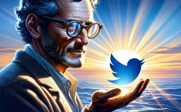 A realistic high-definition image depicting a renowned author, recognizable for his glasses and distinct hairstyle, bidding farewell to a social media platform represented by a blue bird symbol. The background reflects the theme 'A Shift Towards New Horizons' with a sunrise illuminating a new, untrodden path.