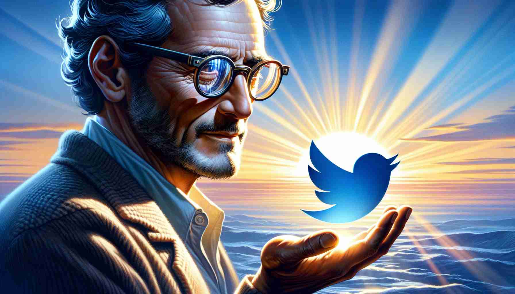 A realistic high-definition image depicting a renowned author, recognizable for his glasses and distinct hairstyle, bidding farewell to a social media platform represented by a blue bird symbol. The background reflects the theme 'A Shift Towards New Horizons' with a sunrise illuminating a new, untrodden path.