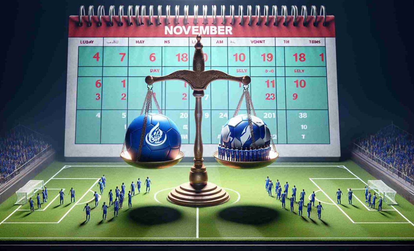 High-definition, realistic image of a conceptual representation or metaphor depicting Al-Hilal versus Esteghlal FC in a football match, with the calendar month of November in the background. It could visualize a scale weighing the football teams against one another or a playfield where the teams are seen preparing to engage in a ferocious battle.