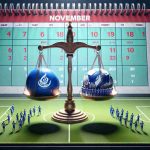 High-definition, realistic image of a conceptual representation or metaphor depicting Al-Hilal versus Esteghlal FC in a football match, with the calendar month of November in the background. It could visualize a scale weighing the football teams against one another or a playfield where the teams are seen preparing to engage in a ferocious battle.