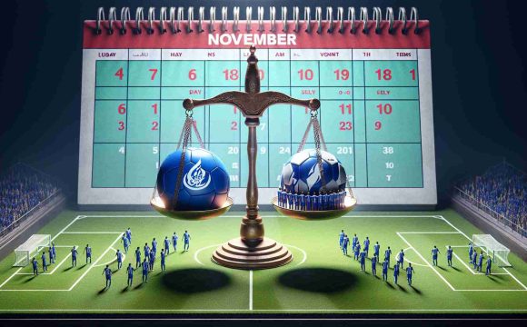 High-definition, realistic image of a conceptual representation or metaphor depicting Al-Hilal versus Esteghlal FC in a football match, with the calendar month of November in the background. It could visualize a scale weighing the football teams against one another or a playfield where the teams are seen preparing to engage in a ferocious battle.