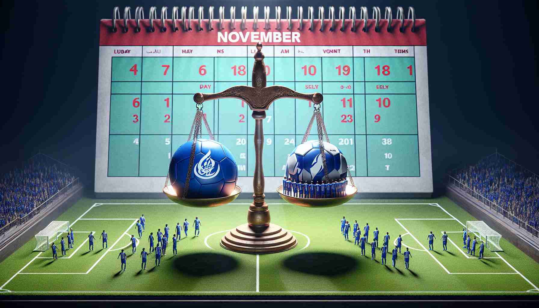 High-definition, realistic image of a conceptual representation or metaphor depicting Al-Hilal versus Esteghlal FC in a football match, with the calendar month of November in the background. It could visualize a scale weighing the football teams against one another or a playfield where the teams are seen preparing to engage in a ferocious battle.