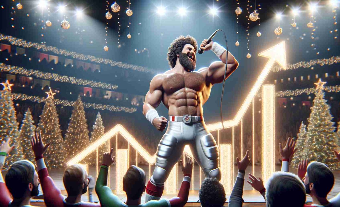 A realistic, high-definition image of a prominent male sports figure, with a stocky build, curly hair, and a well-groomed beard, joyfully performing a holiday song on stage. The scene completes with a festive set, including shining decorations, lights wrapped around a microphone, and a backdrop of a snowy winter scene. The crowd cheering joyfully as the 'Holiday Hit' dominates the charts, symbolized by a large chart prop on stage with an arrow rising to the top, surpassing all other songs, represented by small festive icons.