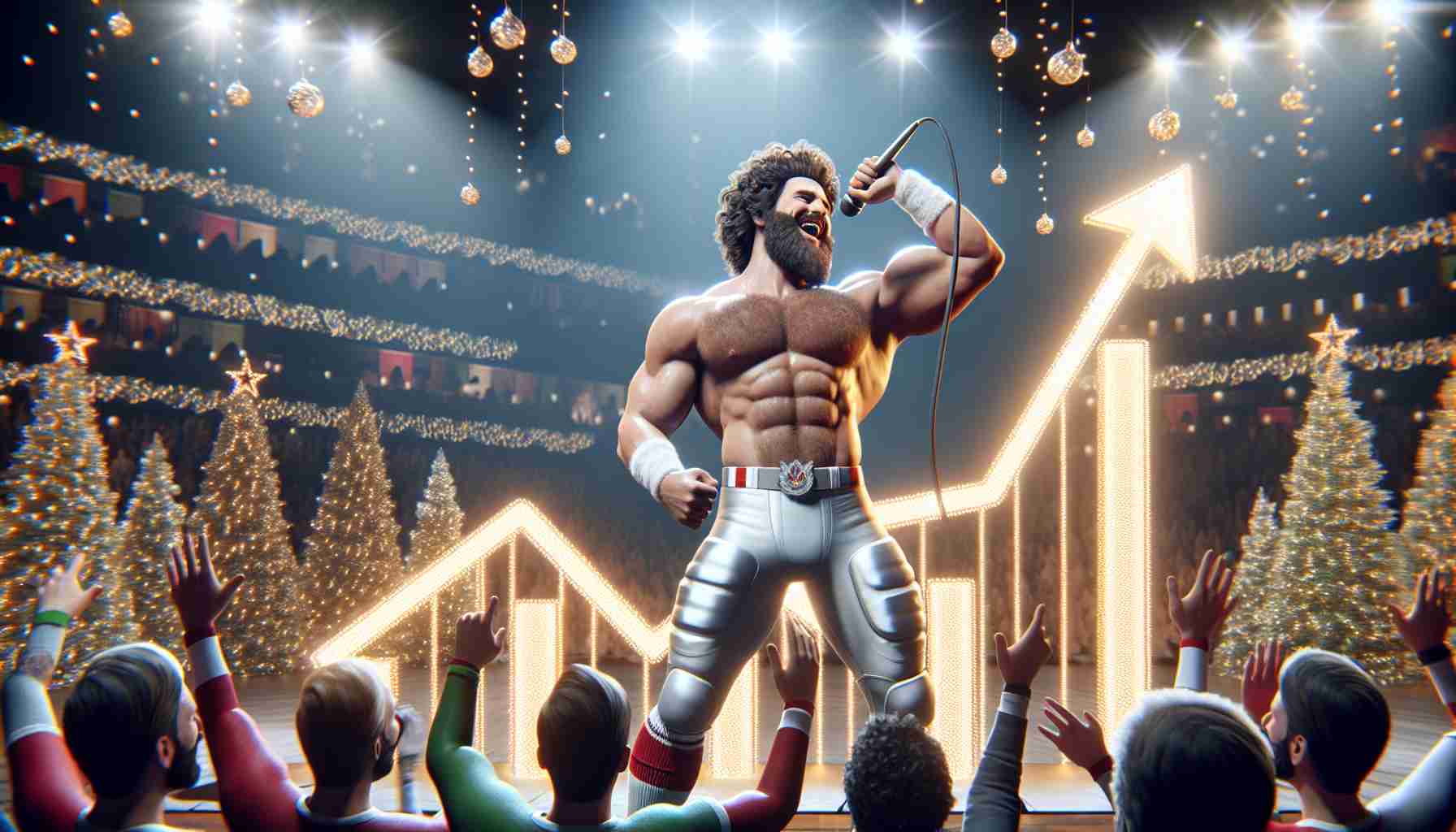 A realistic, high-definition image of a prominent male sports figure, with a stocky build, curly hair, and a well-groomed beard, joyfully performing a holiday song on stage. The scene completes with a festive set, including shining decorations, lights wrapped around a microphone, and a backdrop of a snowy winter scene. The crowd cheering joyfully as the 'Holiday Hit' dominates the charts, symbolized by a large chart prop on stage with an arrow rising to the top, surpassing all other songs, represented by small festive icons.