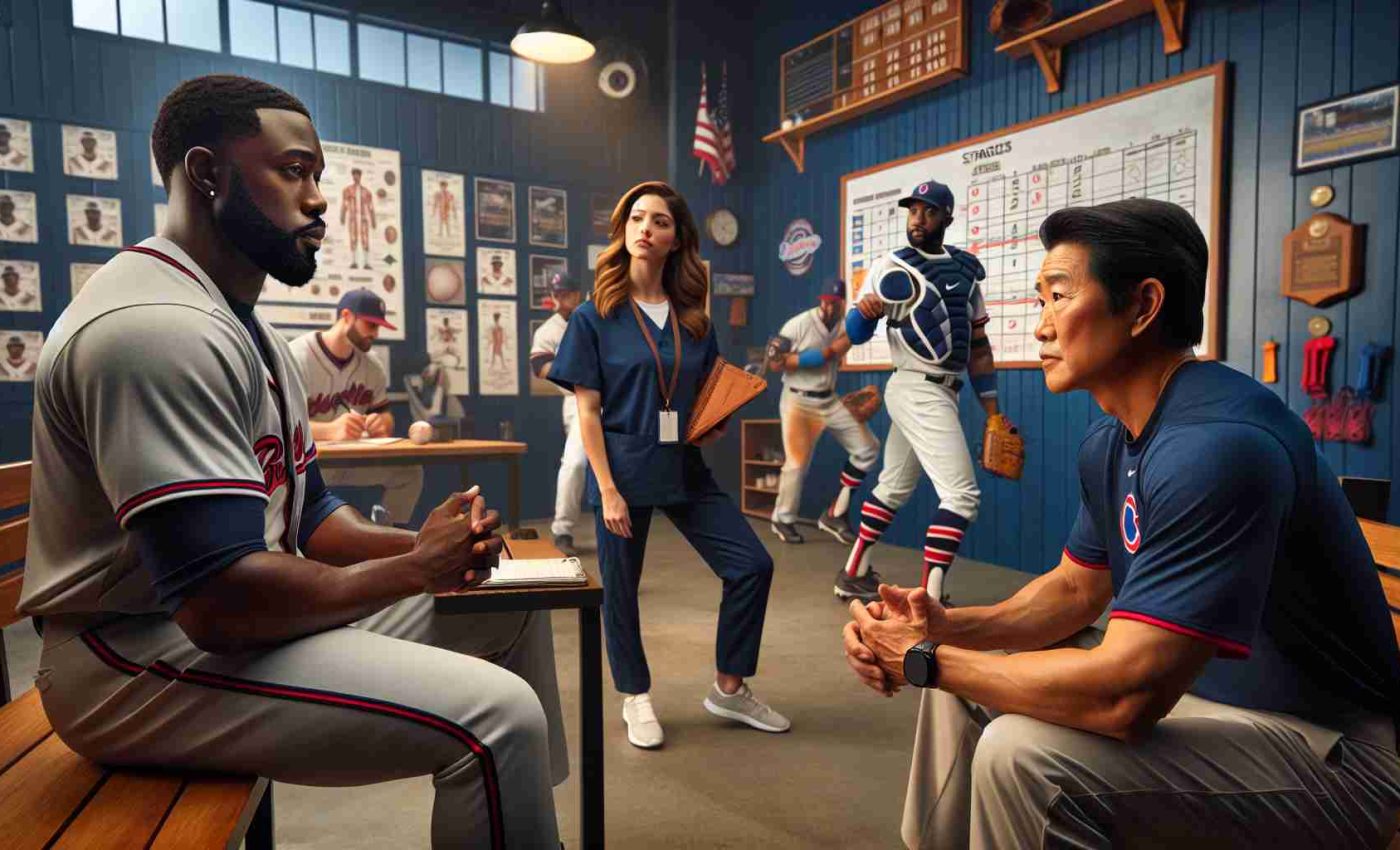 High-definition realistic photograph capturing the behind-the-scenes essence of a Major League Baseball drama titled 'A Clash of Styles'. The scene involves a multifaceted cast from a baseball team, a well-built Caucasian manager in deep conversation with a confident Black male starting pitcher, a Hispanic shortstop practicing swings in the background, and a South Asian female physical therapist attending to a player. The backdrop is a locker room atmosphere filled with baseball gear, strategies on whiteboards, and the vibrant camaraderie among players of diverse descents.