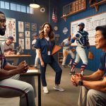 High-definition realistic photograph capturing the behind-the-scenes essence of a Major League Baseball drama titled 'A Clash of Styles'. The scene involves a multifaceted cast from a baseball team, a well-built Caucasian manager in deep conversation with a confident Black male starting pitcher, a Hispanic shortstop practicing swings in the background, and a South Asian female physical therapist attending to a player. The backdrop is a locker room atmosphere filled with baseball gear, strategies on whiteboards, and the vibrant camaraderie among players of diverse descents.