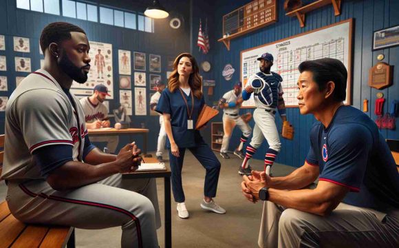 High-definition realistic photograph capturing the behind-the-scenes essence of a Major League Baseball drama titled 'A Clash of Styles'. The scene involves a multifaceted cast from a baseball team, a well-built Caucasian manager in deep conversation with a confident Black male starting pitcher, a Hispanic shortstop practicing swings in the background, and a South Asian female physical therapist attending to a player. The backdrop is a locker room atmosphere filled with baseball gear, strategies on whiteboards, and the vibrant camaraderie among players of diverse descents.