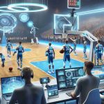 Realistic high-definition image depicting the future of a hypothetical professional basketball team, embracing innovation with the implementation of cutting-edge technology. The scene takes place on a state-of-the-art basketball court, filled with advanced training equipment and modern technologies like AR, wearables, and teleconferencing tools. The uniforms of the players are integrated with wearable technology, and the coaches are seen using sophisticated tablets for strategizing. In the background are enthusiastic supporters cheering in an ultra-modern stadium equipped with giant futuristic holographic display screens.