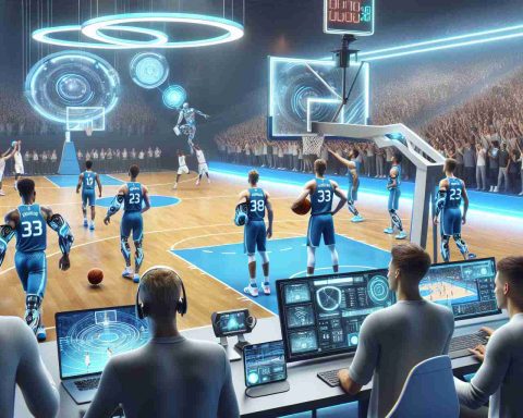 Realistic high-definition image depicting the future of a hypothetical professional basketball team, embracing innovation with the implementation of cutting-edge technology. The scene takes place on a state-of-the-art basketball court, filled with advanced training equipment and modern technologies like AR, wearables, and teleconferencing tools. The uniforms of the players are integrated with wearable technology, and the coaches are seen using sophisticated tablets for strategizing. In the background are enthusiastic supporters cheering in an ultra-modern stadium equipped with giant futuristic holographic display screens.