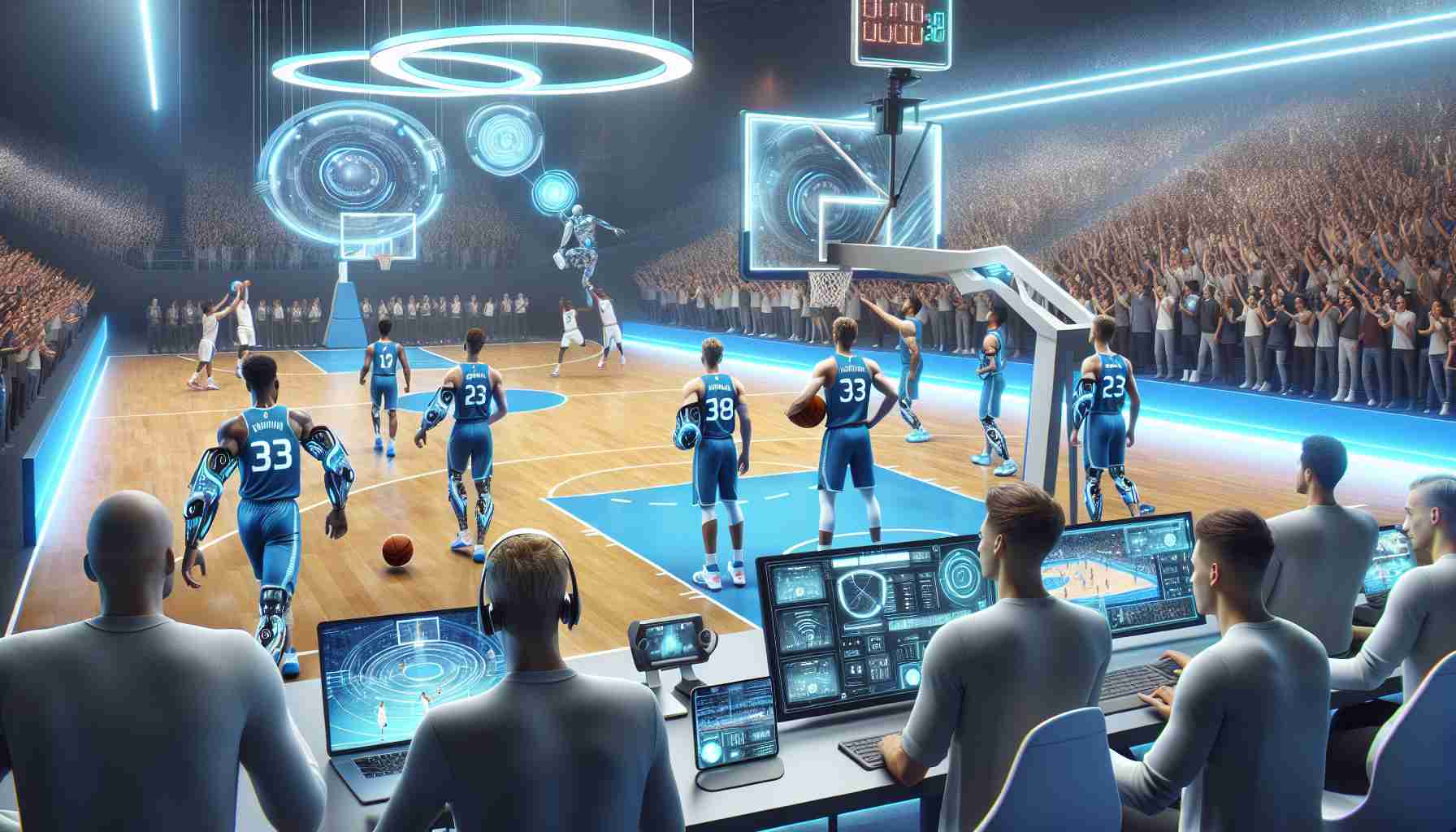 Realistic high-definition image depicting the future of a hypothetical professional basketball team, embracing innovation with the implementation of cutting-edge technology. The scene takes place on a state-of-the-art basketball court, filled with advanced training equipment and modern technologies like AR, wearables, and teleconferencing tools. The uniforms of the players are integrated with wearable technology, and the coaches are seen using sophisticated tablets for strategizing. In the background are enthusiastic supporters cheering in an ultra-modern stadium equipped with giant futuristic holographic display screens.